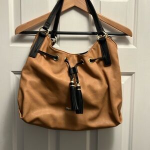 Tan Leather Shoulder Bag with Black Accents